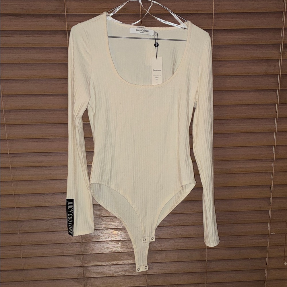 Juicy Couture Cream Ribbed Long Sleeve Scoop Neck Bodysuit